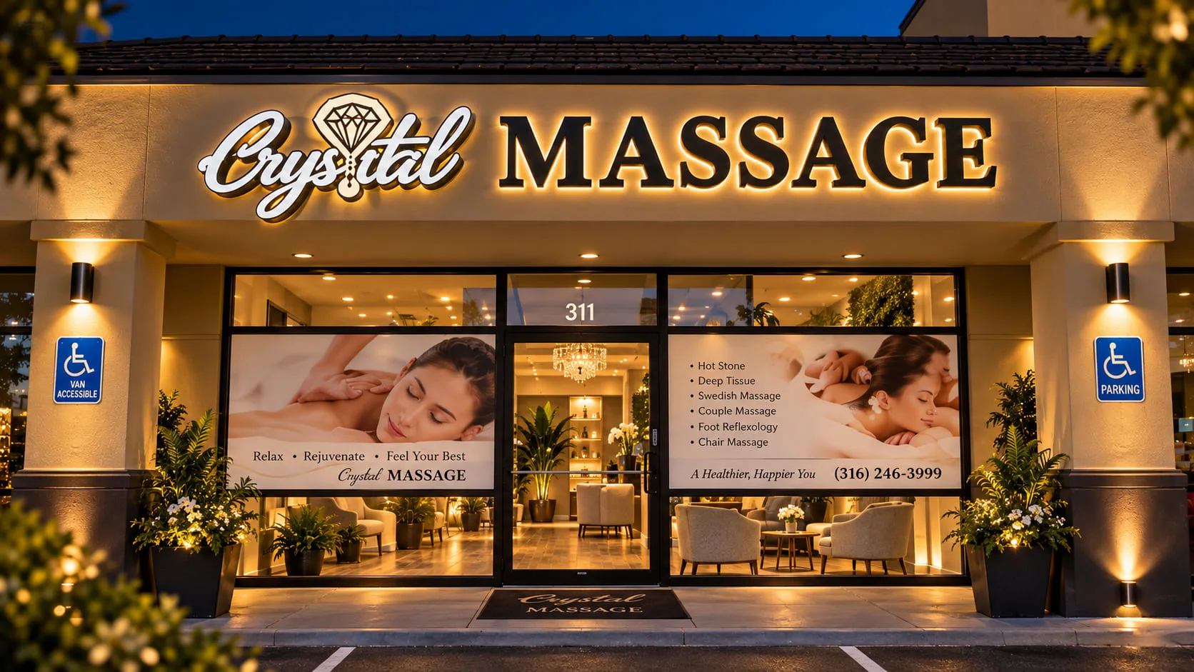 The lit storefront of Crystal Massage at 8338 E 21st St, Suite #311, Wichita, KS 67206 after dark