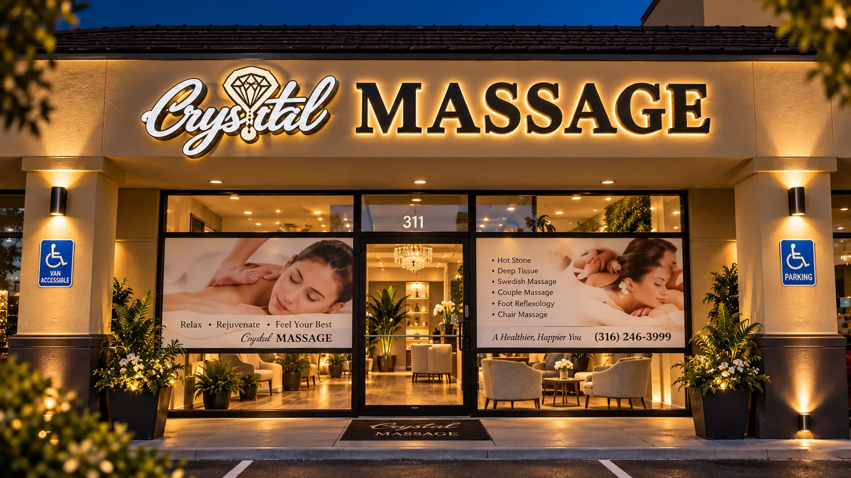 Storefront in east Wichita lit after dark, backlit Crystal Massage sign above the doors, suite 311 on the glass