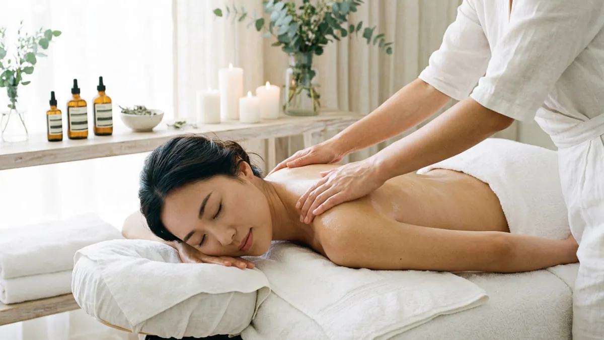 A therapist's hands laid flat either side of the spine, pressing slowly down the length of a guest's back