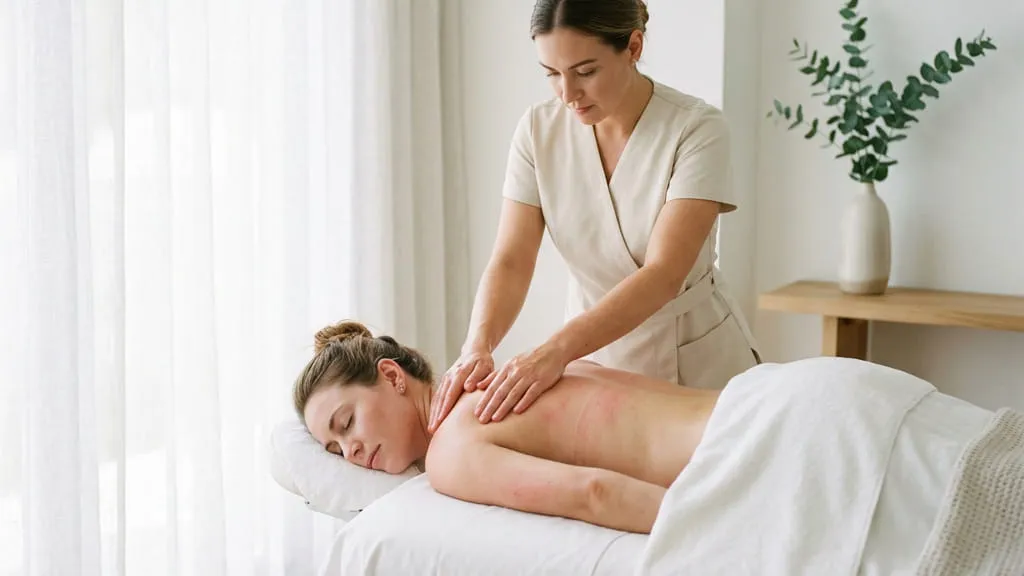 A therapist working with slow, braced pressure into the muscle across a guest's shoulder blade