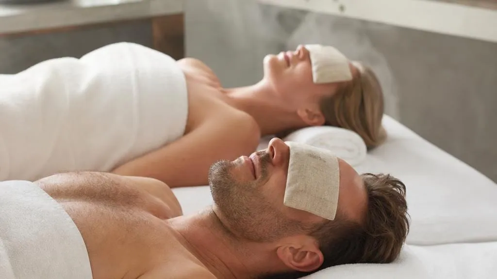 Two guests lying still on side-by-side tables with warm cloths covering their eyes
