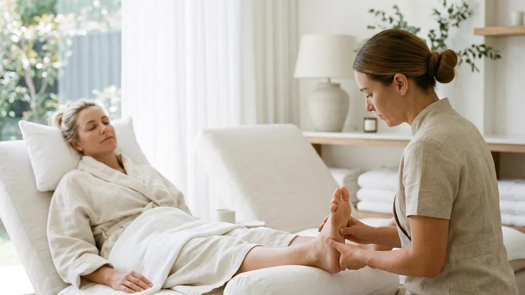 A guest reclined in a chair, fully clothed, while a therapist works the sole of one foot