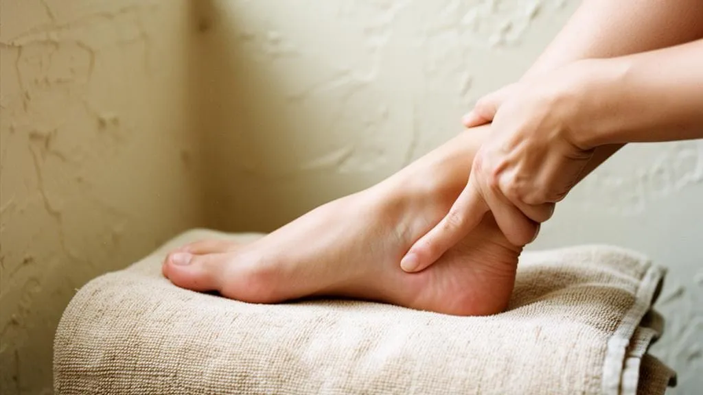 A therapist working the arch of a foot with both thumbs, a towel under the ankle