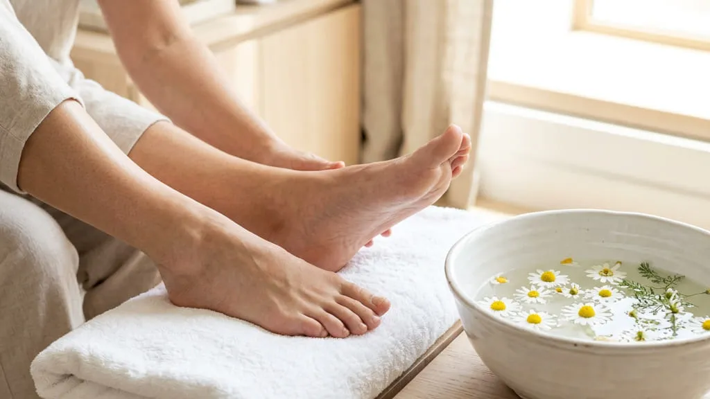 Bare feet resting on a folded towel beside a shallow bowl of water with flowers in it
