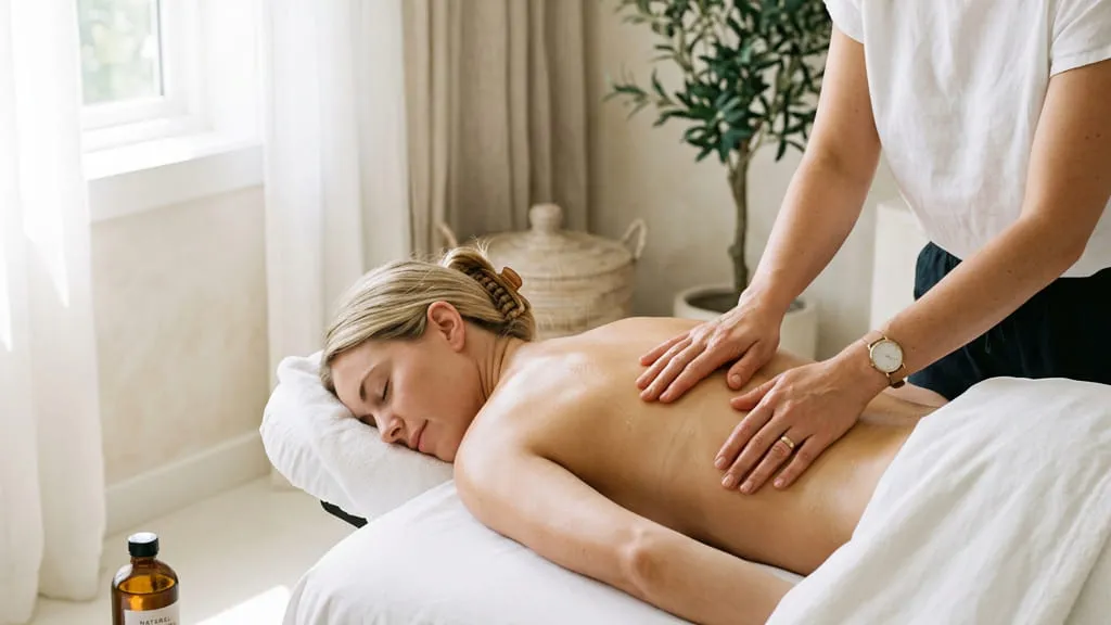A therapist working along the length of a guest's back on a massage table in bright daylight