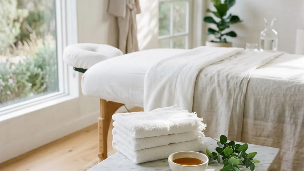 A massage table made up with fresh white linen, folded towels and a bolster set at the foot the way a table is prepared before a session