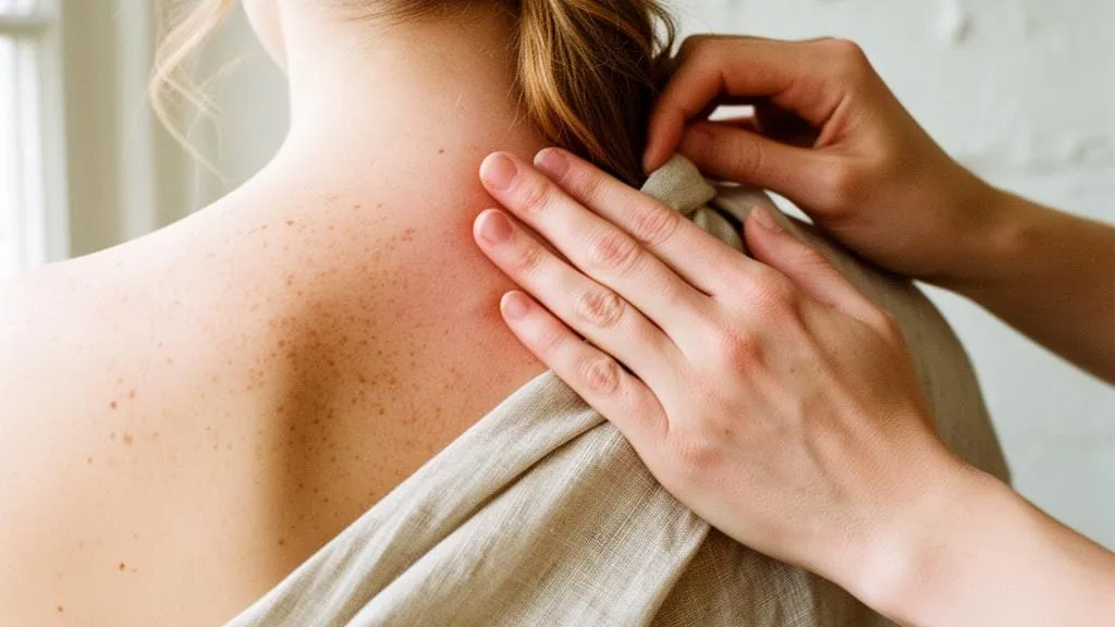 A therapist's hands at the base of a guest's neck, drawing a linen drape clear of the shoulder before working the muscle along it
