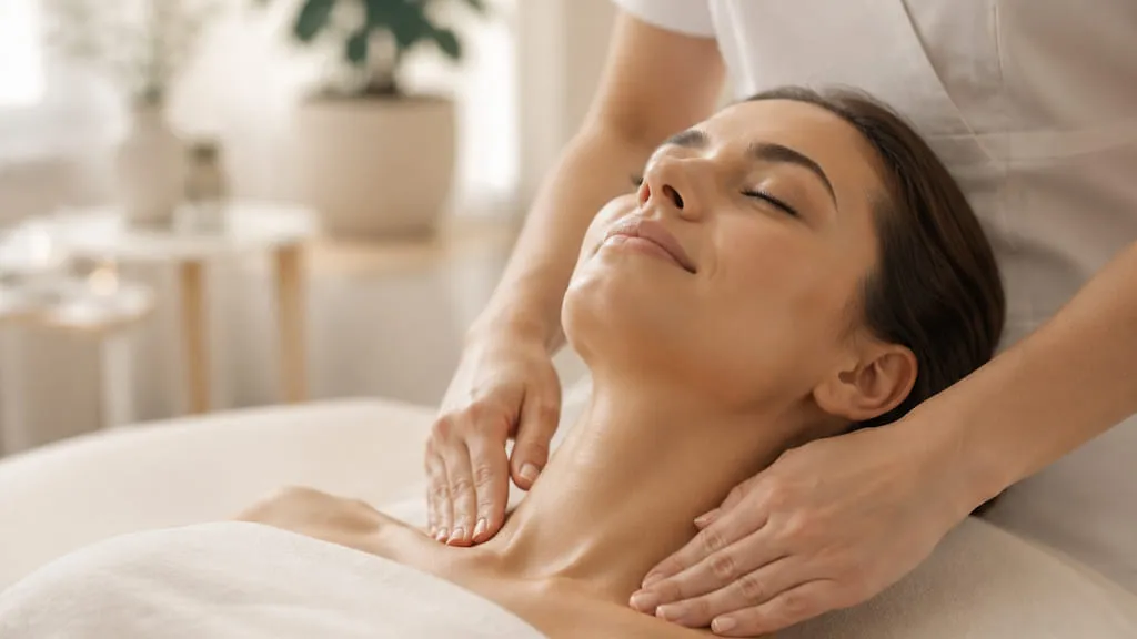A therapist working the neck and the top of the shoulders with a guest lying face up