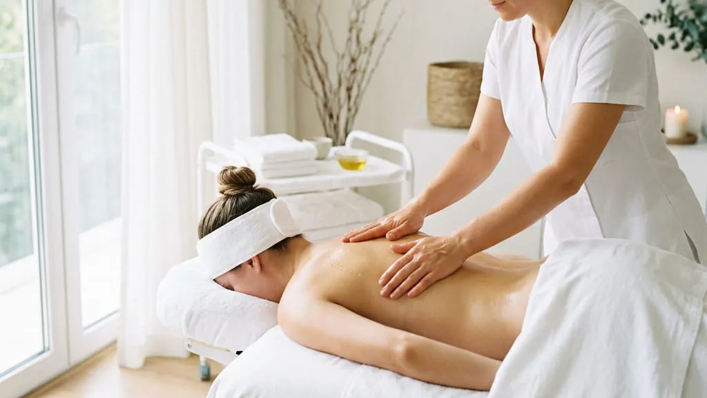 A full-body massage in progress on a table in a daylit room, the therapist working along the back