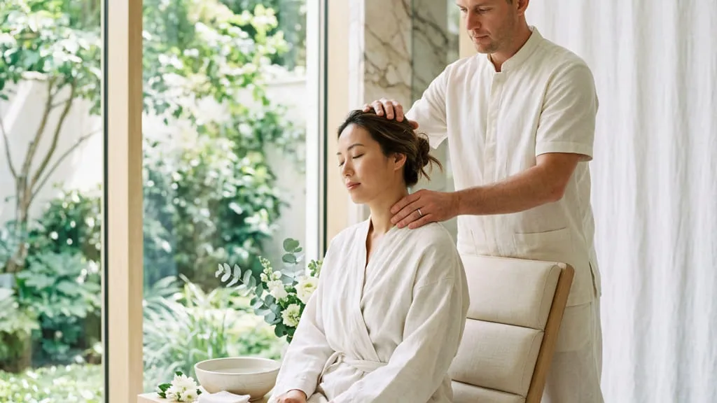 A therapist working the back of the neck and the base of the scalp with a guest seated and upright