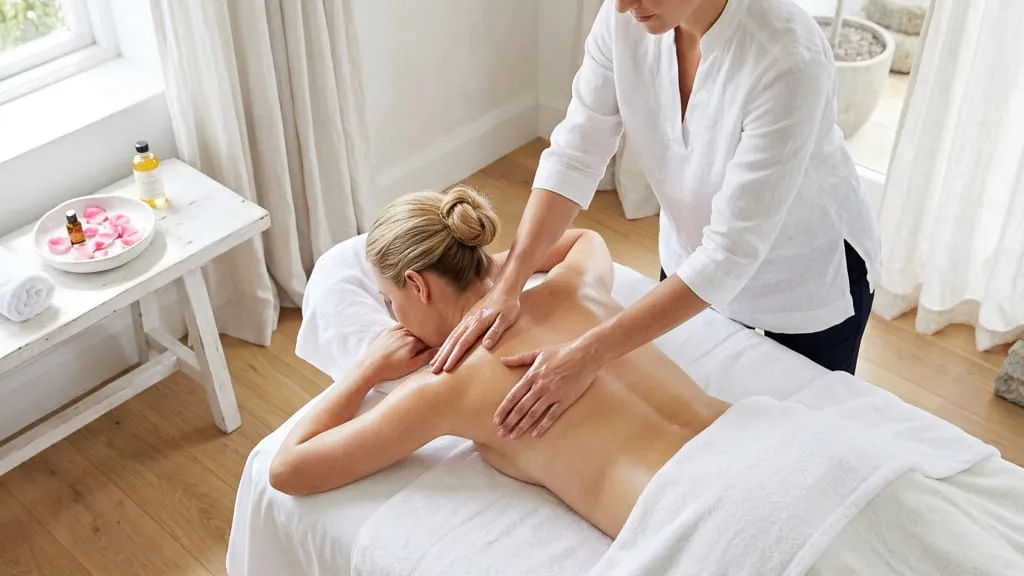 A therapist working across the top of a guest's shoulder with a slow, even stroke