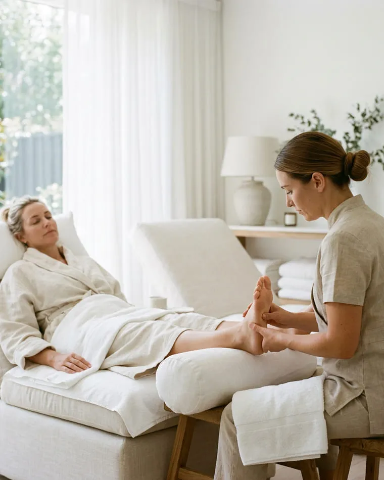 Reflexology pressure worked into the arch of a foot with both thumbs, the guest reclined and fully clothed