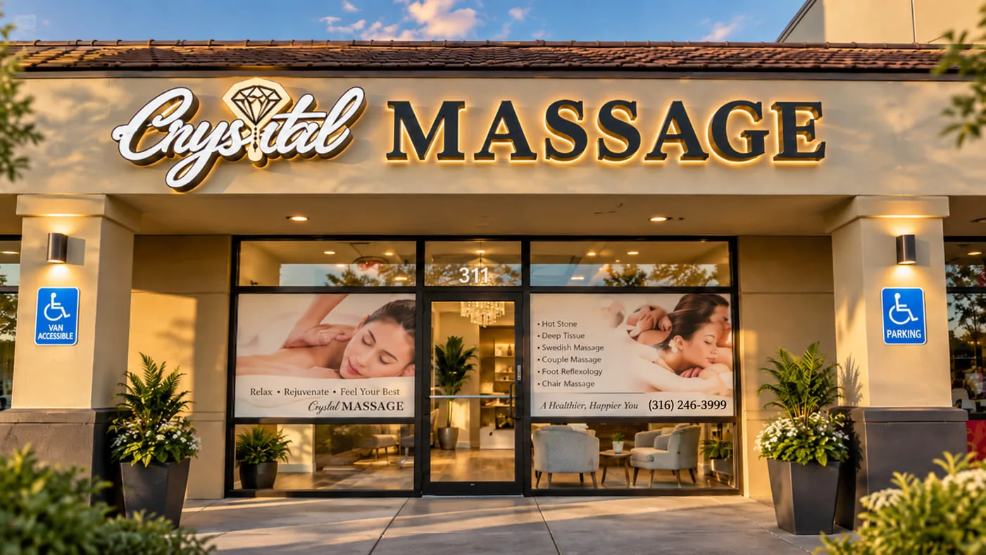 The Crystal Massage storefront on E 21st Street in Wichita, Kansas, photographed in daylight