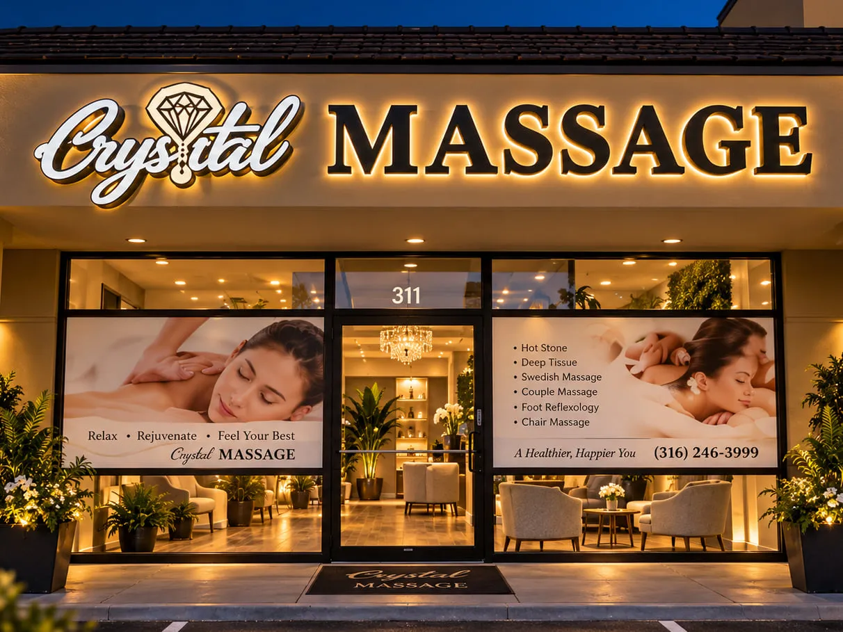 The lit storefront and glass door of Crystal Massage at Suite 311 on E 21st Street, Wichita, KS