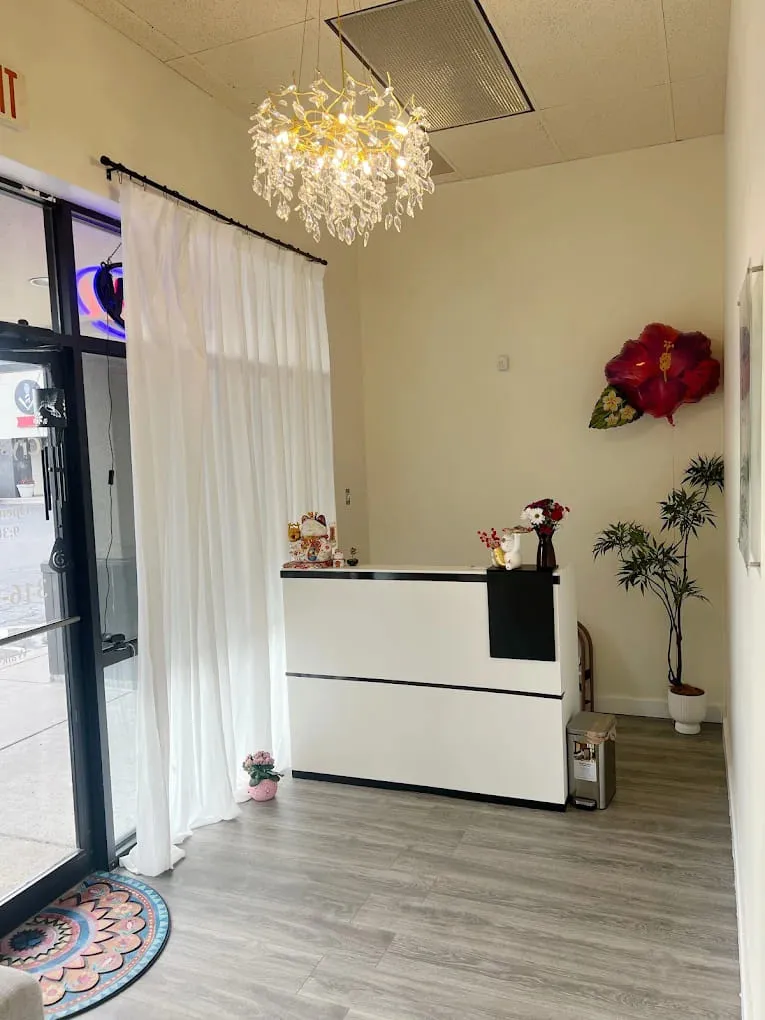The reception counter inside Crystal Massage, Suite 311 in Wichita, Kansas